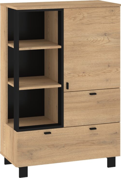GAVES 06 baldai, žema knygų lentyna su stalčiais, palėpė, kremonos ąžuolas, juodas