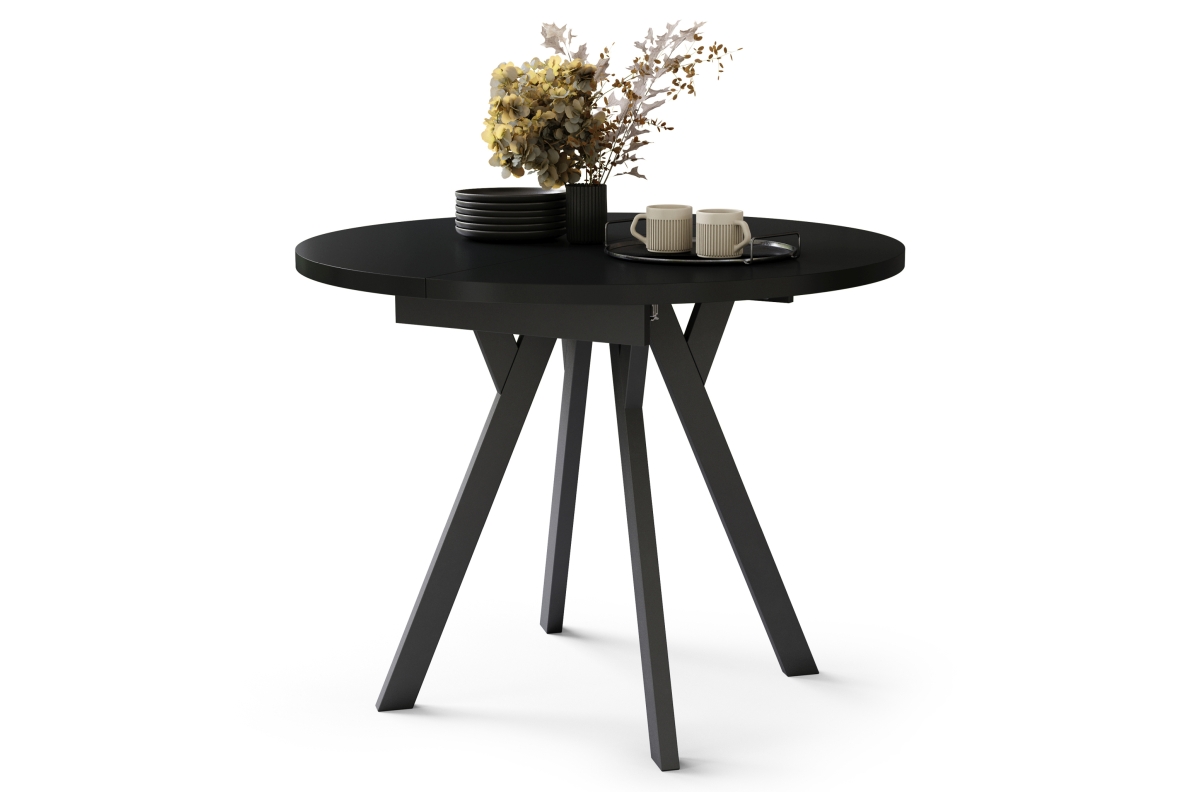 ALDO Juodos/juodos kojos - APVALUS IŠTRAUKIAMAS STALAS SU Y FORMOS KOJOMIS, LOFT/INDUSTRIAL, SVETAINEI/VALGOMAJAM
