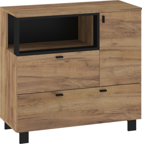 GAVES 01 baldų komoda su kojelėmis svetainei, ąžuolo dirbiniai, PLN juoda