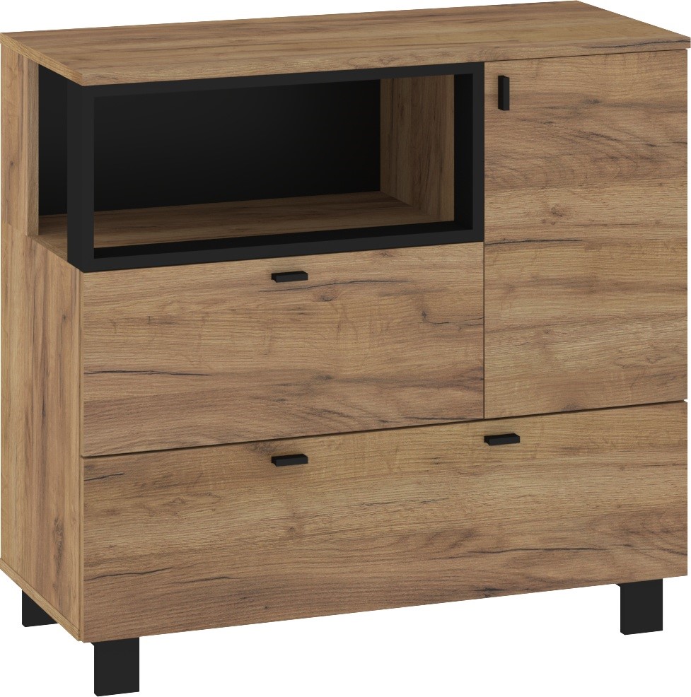 GAVES 01 baldų komoda su kojelėmis svetainei, ąžuolo dirbiniai, PLN juoda