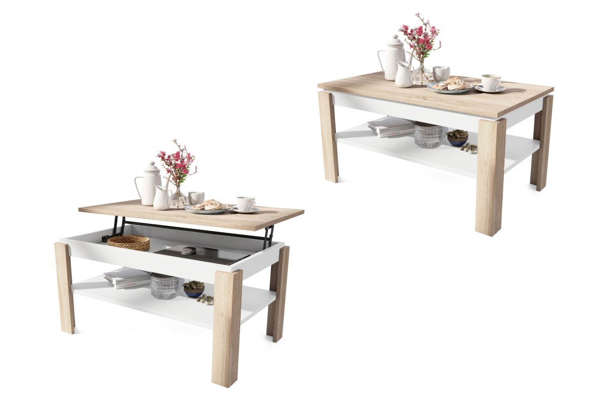 ASTI-P Sonoma ąžuolo/matinės baltos spalvos - MODERNUS KAVOS STALIUKAS SU PAKELIAMU STALVIRŠIU