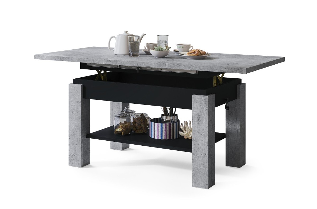 ASTORIA „Millenium Concrete/Matinė juoda“ – SULANKSTOMAS SUOLAS, PAKELIAMAS STALAS, KAVOS STALIUKAS SU LENTYNA