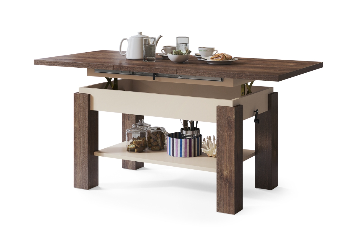 ASTORIA Rudas/Smėlio spalvos ąžuolas (šampano spalvos) - SULANKSTYMAS, PAKELIAMAS KAVOS STALIUKAS SU LENTYNA