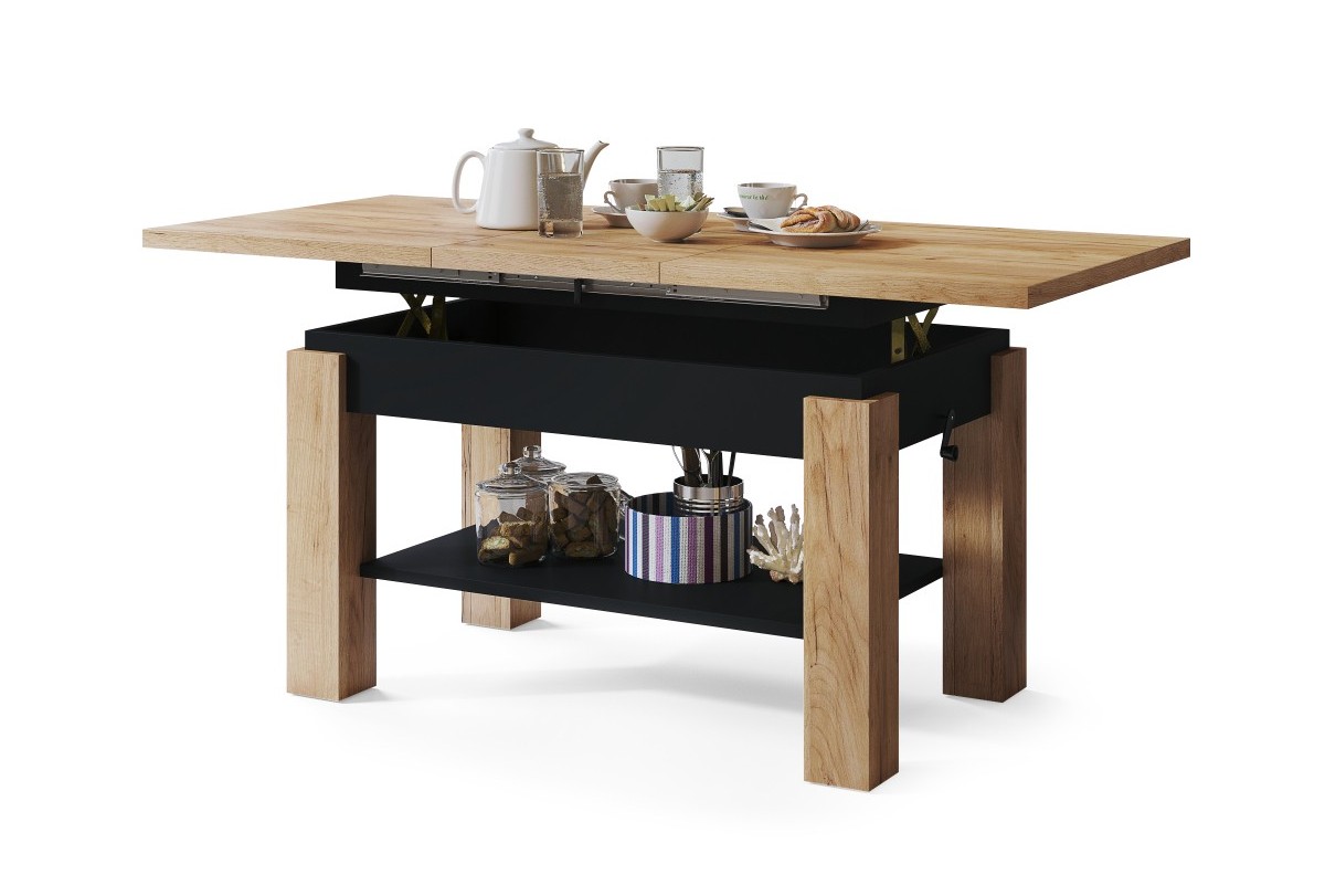 ASTORIA Craft ąžuolo aukso/matinės juodos spalvos - SULANKSTOMAS PAKELIAMAS KAVOS STALIUKAS SU LENTYNA