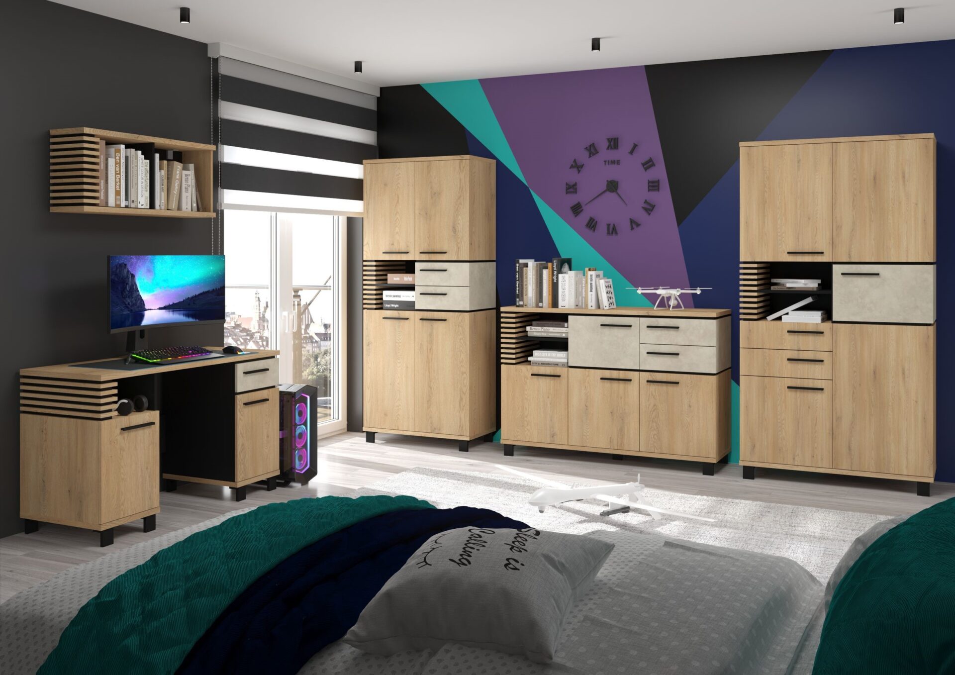 MILAR #9 jaunimo baldų stalas, knygų lentyna, drabužių spinta, komoda, pakabinama lentyna, kreminio ąžuolo spalvos