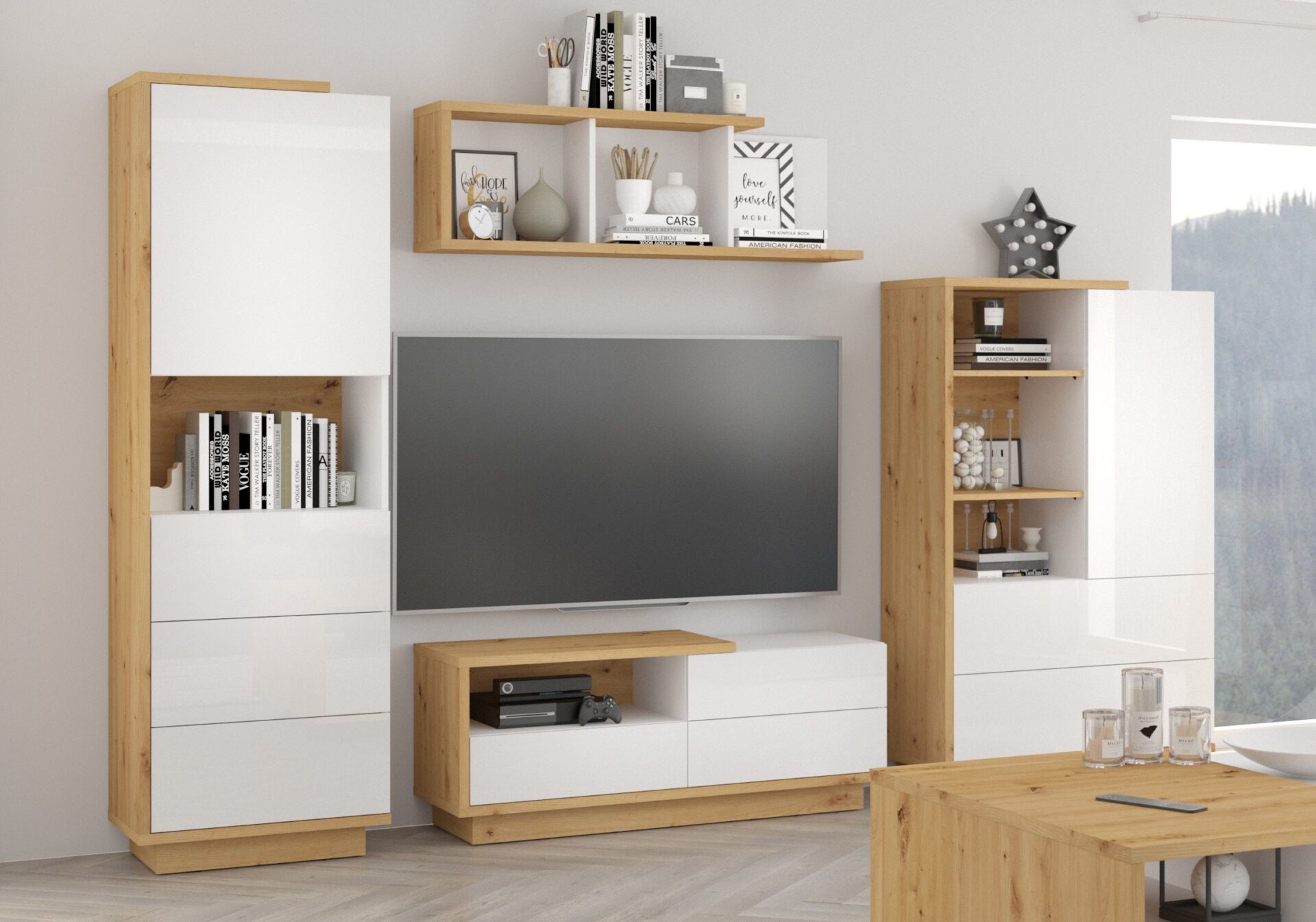 BRITA #1 svetainės baldai, knygų lentyna, televizoriaus spintelė, lentyna, ąžuolas „artisan“, balta blizgi spalva