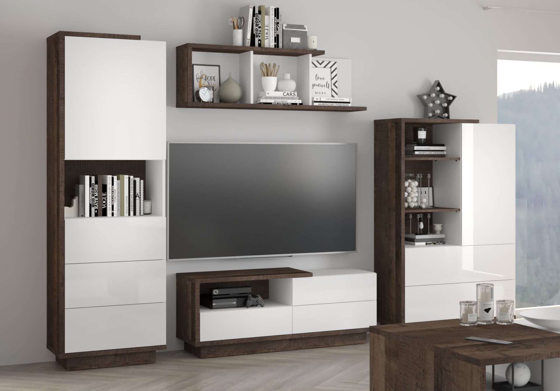 BRITA #1 svetainės baldai, lentyna, TV spintelė, ąžuolo spalva, balta blizgi spalva