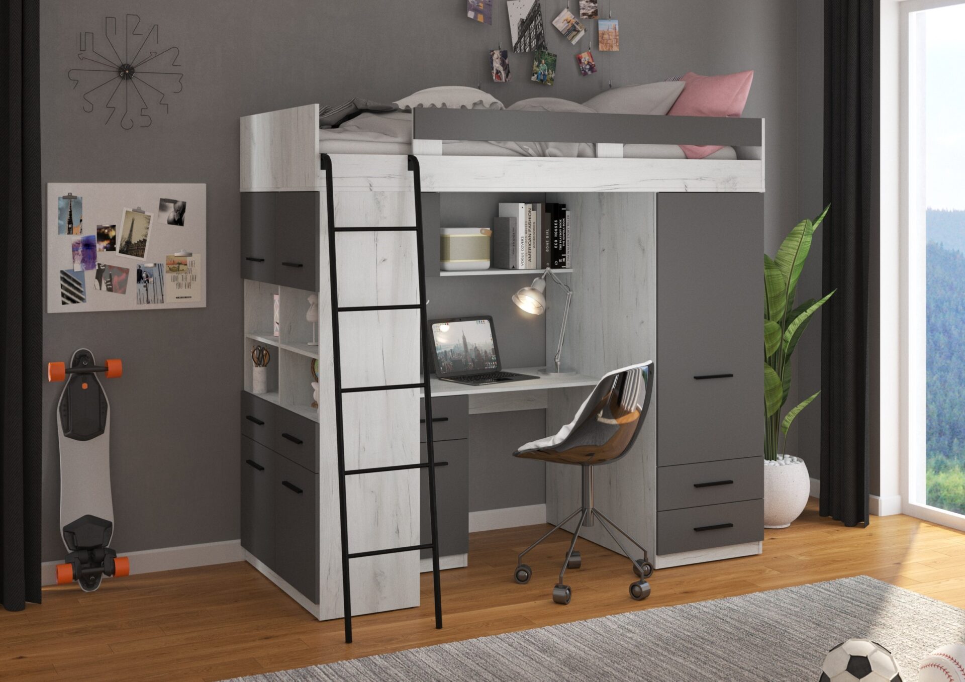 VELVE L antresolė be rankdarbių kilimėlio, balta / grafito spalvos