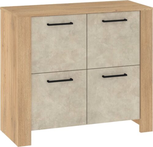 DELIS 04 baldų komoda su durelėmis svetainei, miegamajam, ąžuolo spalvos, kremonos pilka, m