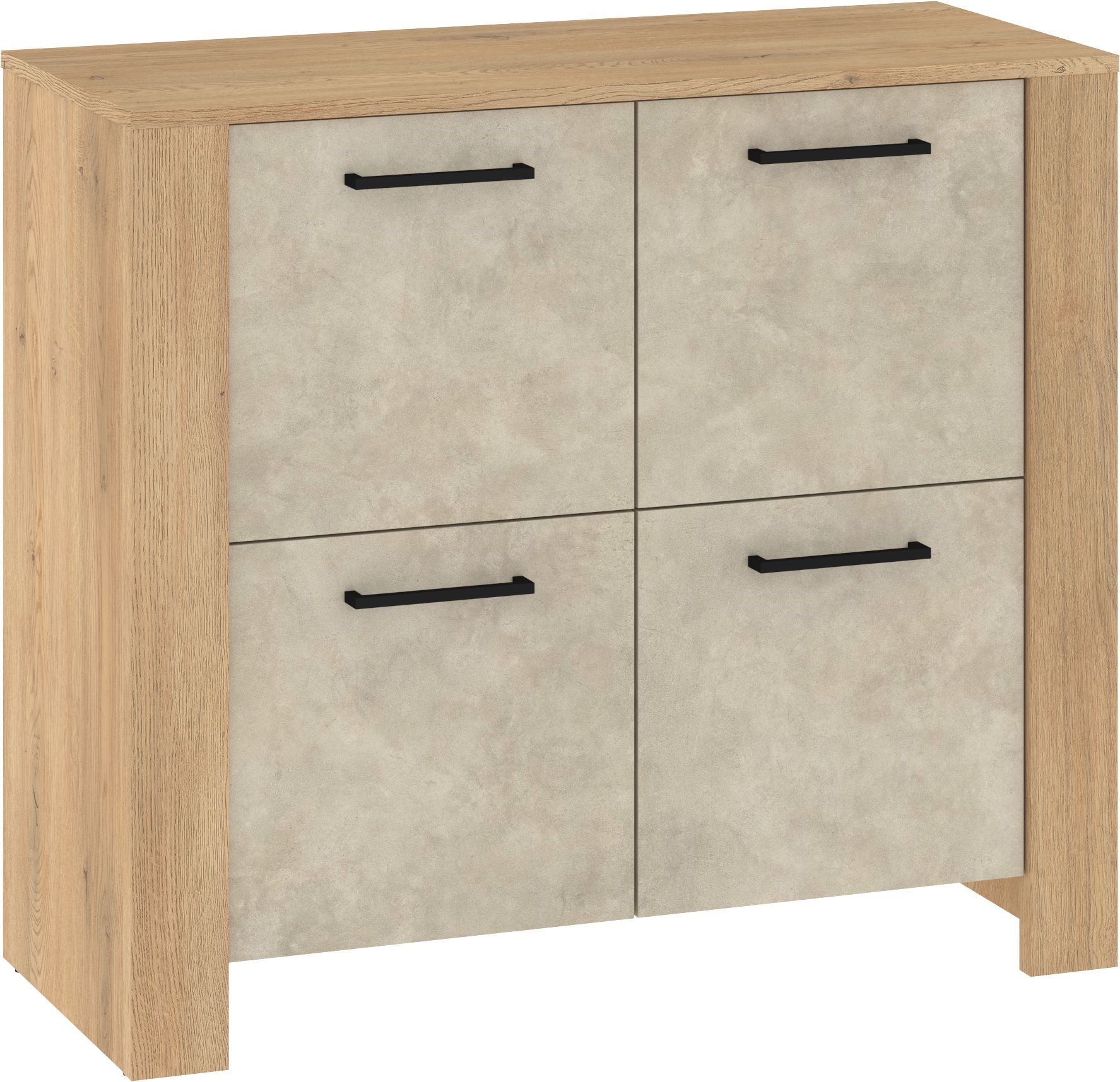 DELIS 04 baldų komoda su durelėmis svetainei, miegamajam, ąžuolo spalvos, kremonos pilka, m