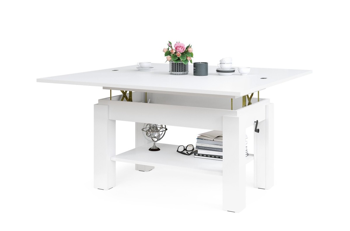 BRAWO matinės baltos spalvos kavos staliukas su sulankstomu ir pakeliamu stalviršiu kavos staliukas su lentyna