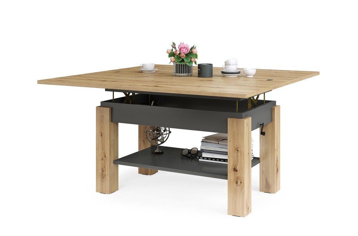 BRAWO Artisan Oak/Anthracite - Kavos staliukas su ištraukiamu ir pakeliamu stalviršiu Kavos staliukas su lentyna