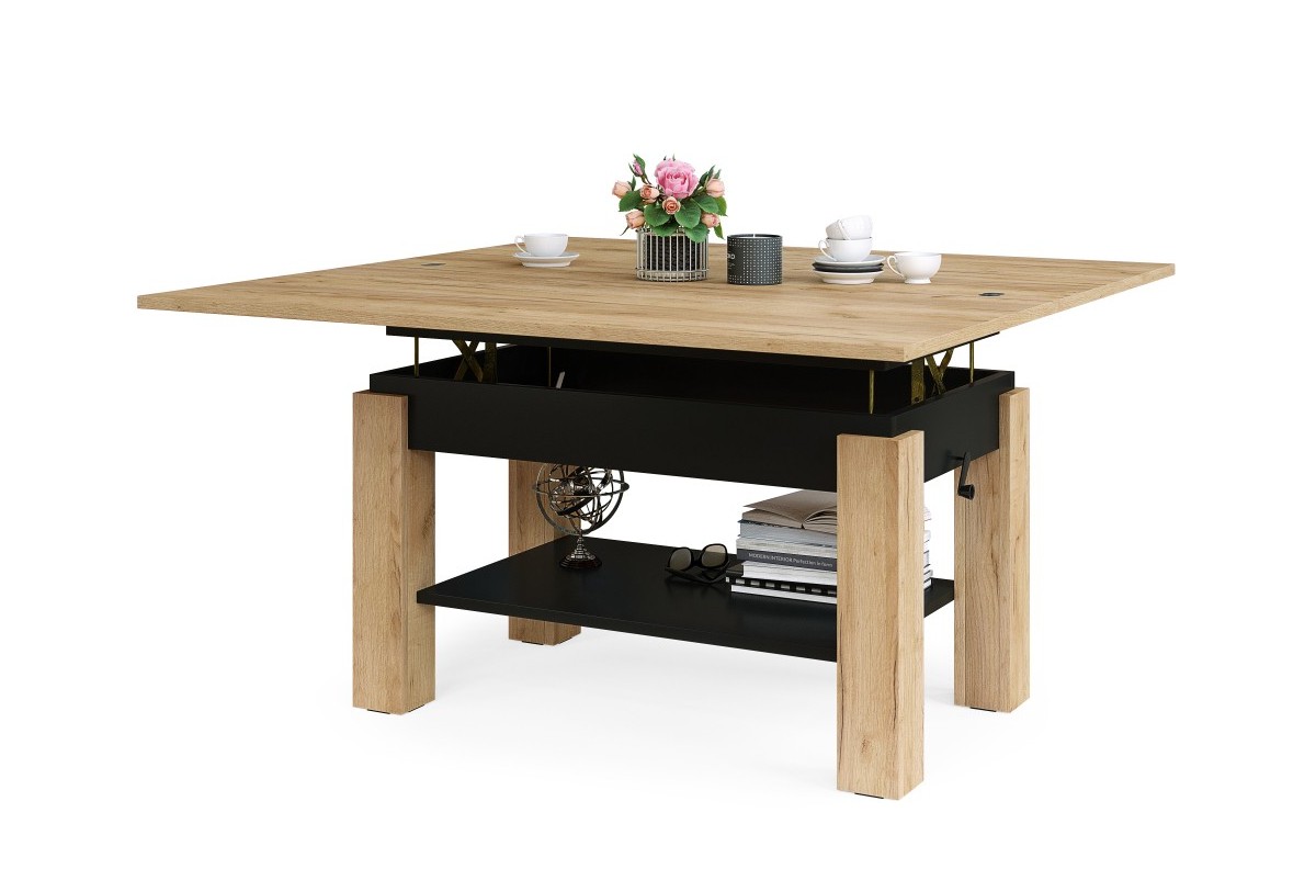 BRAWO Craft ąžuolo aukso/matinės juodos spalvos - kavos staliukas su ištraukiamu ir pakeliamu stalviršiu kavos staliukas su lentyna