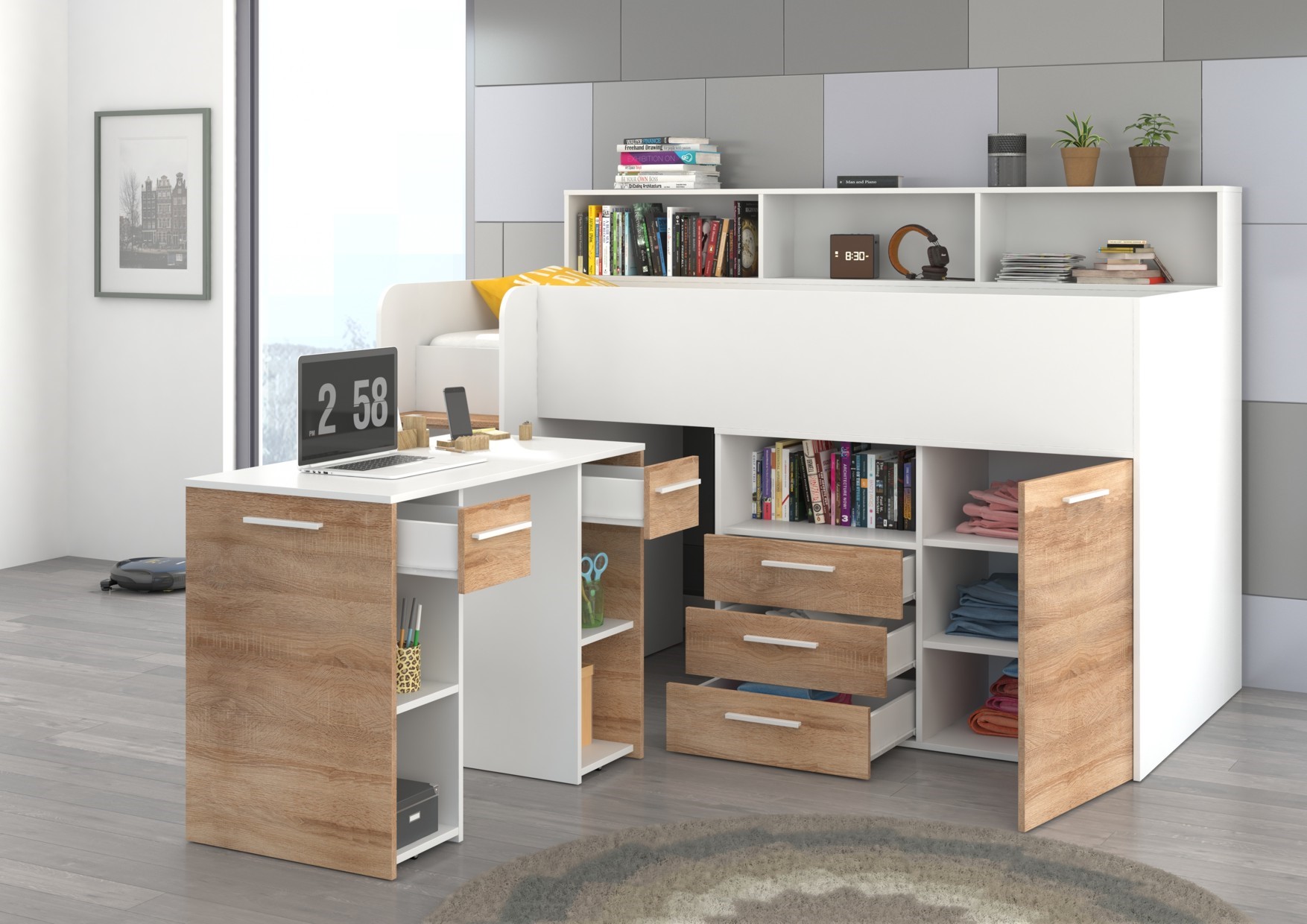 Vaikiška dviaukštė lova jaunimui, mezoninas ENO L, balta / sonoma ąžuolas