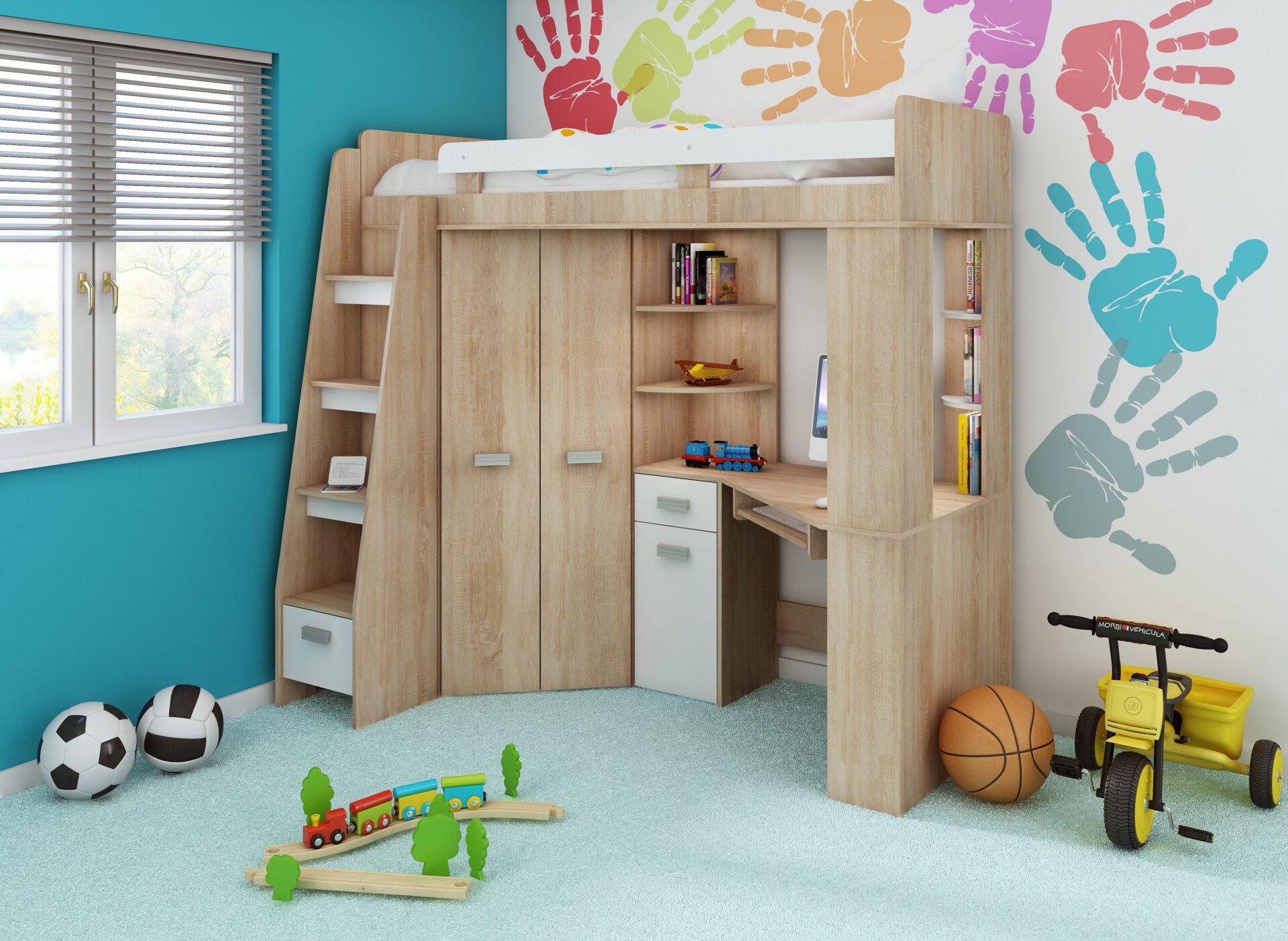 SOLA L dviaukštė lova su stalu, kampinė spinta, antresolė, Sonoma ąžuolas, balta