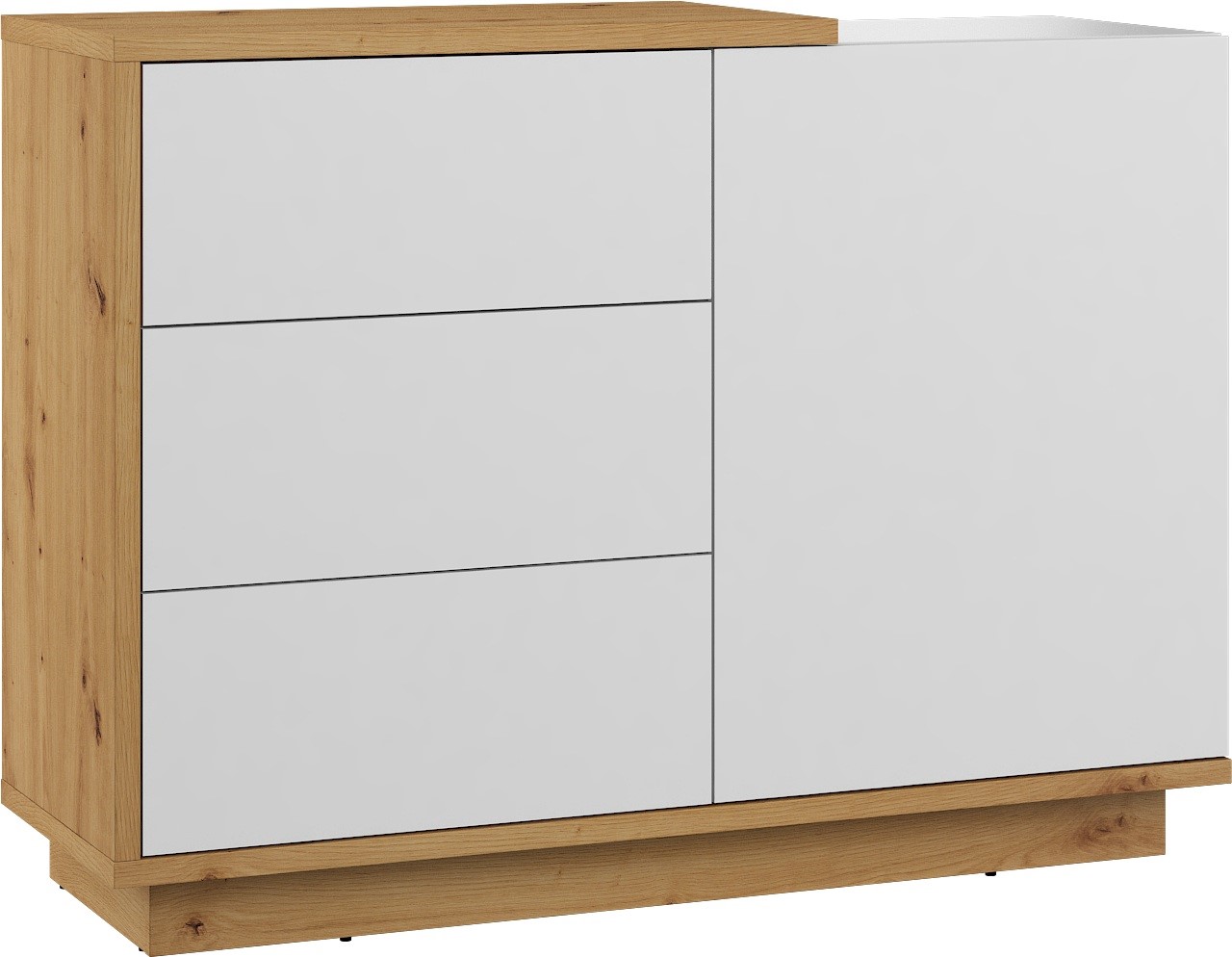 BRITA 04 baldų komoda su durelėmis svetainei, dirbtinio ąžuolo spalvos, balta apdaila