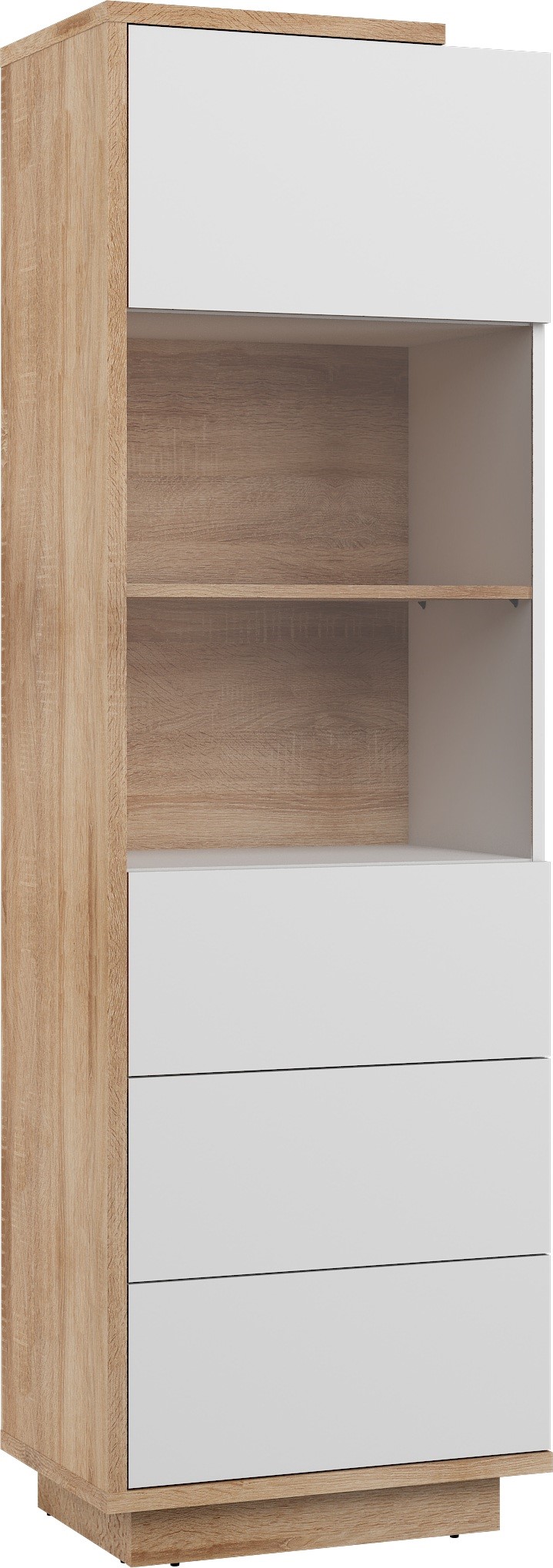 BRITA 27 aukšta vitrina svetainei, Sonoma ąžuolas, balta blizgi spalva