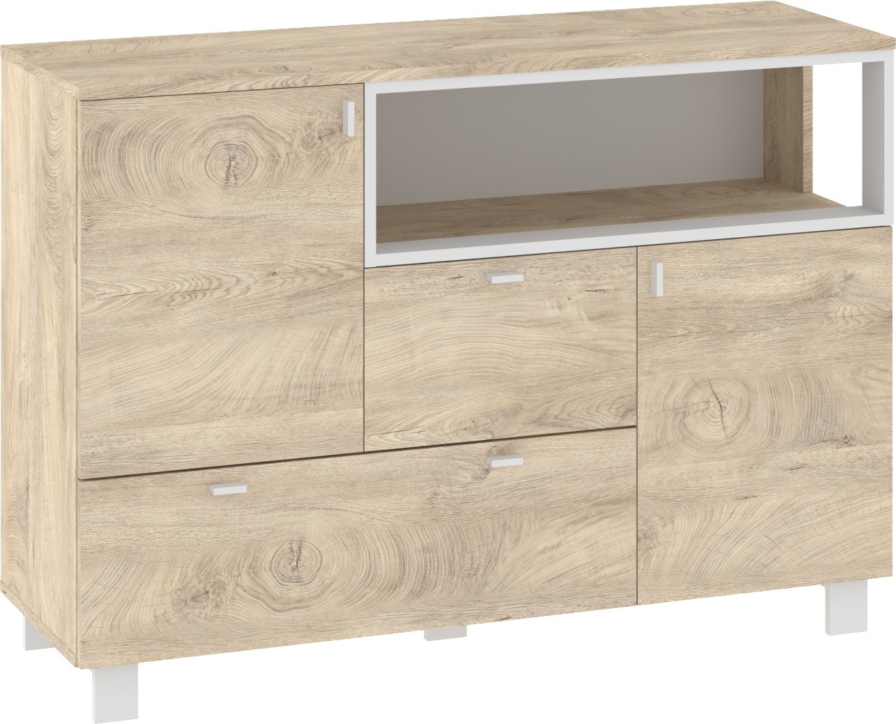 GAVES 02 baldai, didelė komoda su durelėmis svetainei, baltas ąžuolas su dryžiais