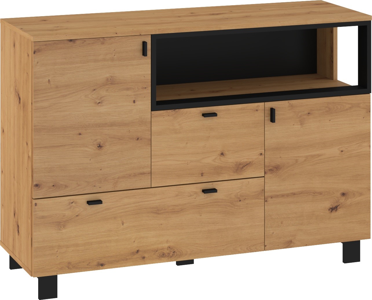 GAVES 02 baldai didelė komoda su durelėmis svetainei, ąžuolo dirbiniai, juoda