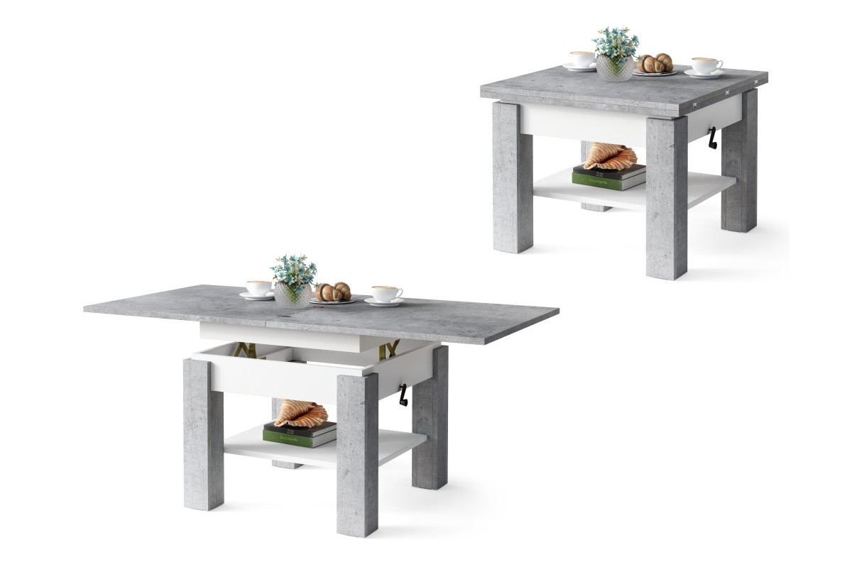 CLEO Millenium betono/matinės baltos spalvos - kavos staliukas su sulankstomu ir pakeliamu stalviršiu