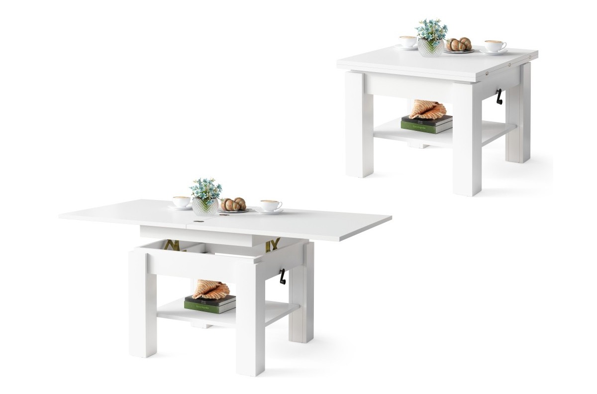 CLEO baltas matinis kavos staliukas su sulankstomu ir pakeliamu stalviršiu