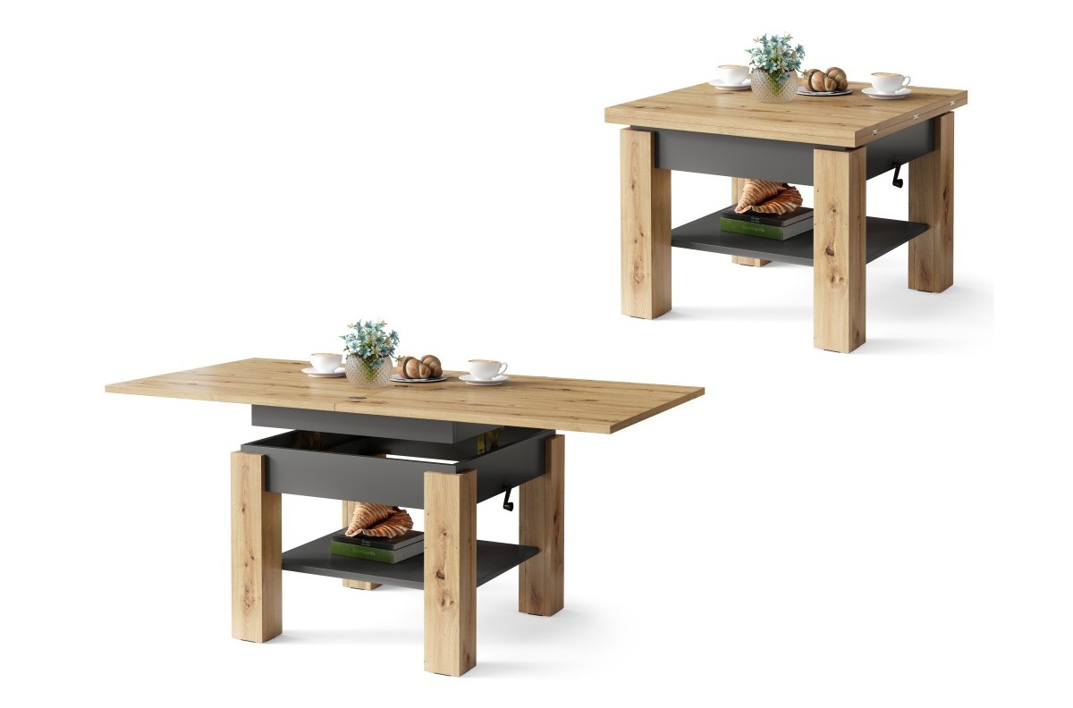 CLEO Artisan Oak/Anthracite - Kavos staliukas su ištraukiamu ir pakeliamu stalviršiu