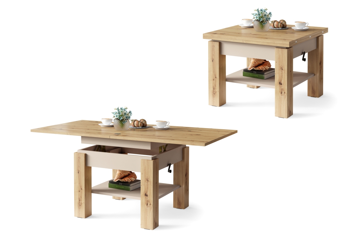 CLEO Artisan ąžuolo/smėlio spalvos (šampano spalvos) - kavos staliukas su ištraukiamu ir pakeliamu stalviršiu