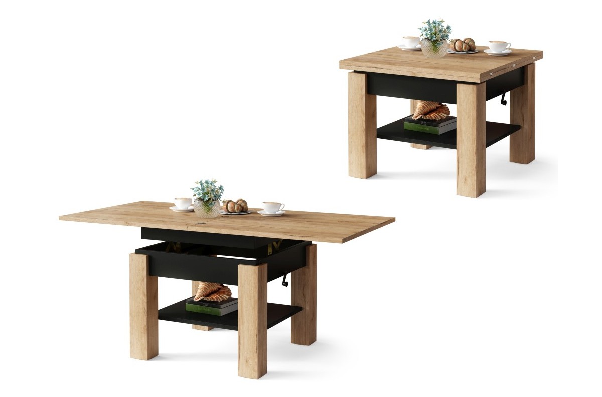 CLEO Craft ąžuolo aukso/juodo spalvos kavos staliukas su ištraukiamu ir pakeliamu stalviršiu