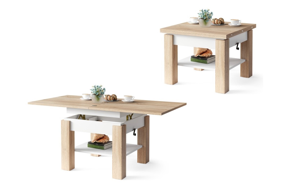 CLEO Sonoma ąžuolo/matinės baltos spalvos - kavos staliukas su ištraukiamu ir pakeliamu stalviršiu