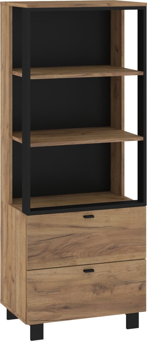 GAVES 08 baldų knygų lentyna su stalčiais ir lentynomis svetainei, palėpei, ąžuolo spalvos su juoda spalva