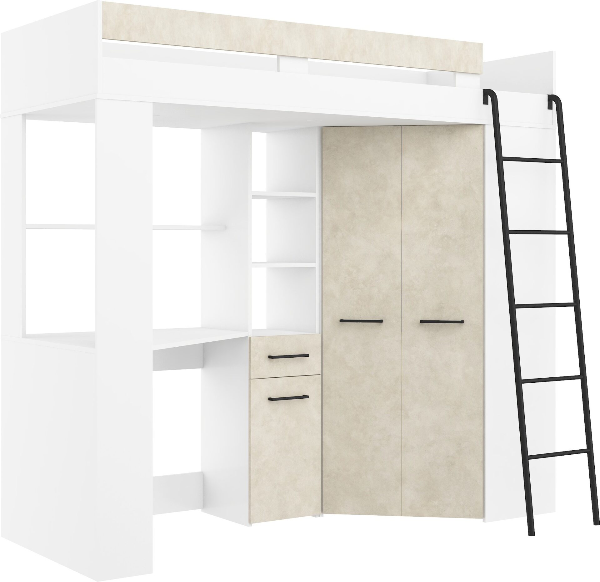 Dviaukštė lova su rašomuoju stalu, kampinė spinta, antresolė FLO P, balto granito, migdolo spalvos