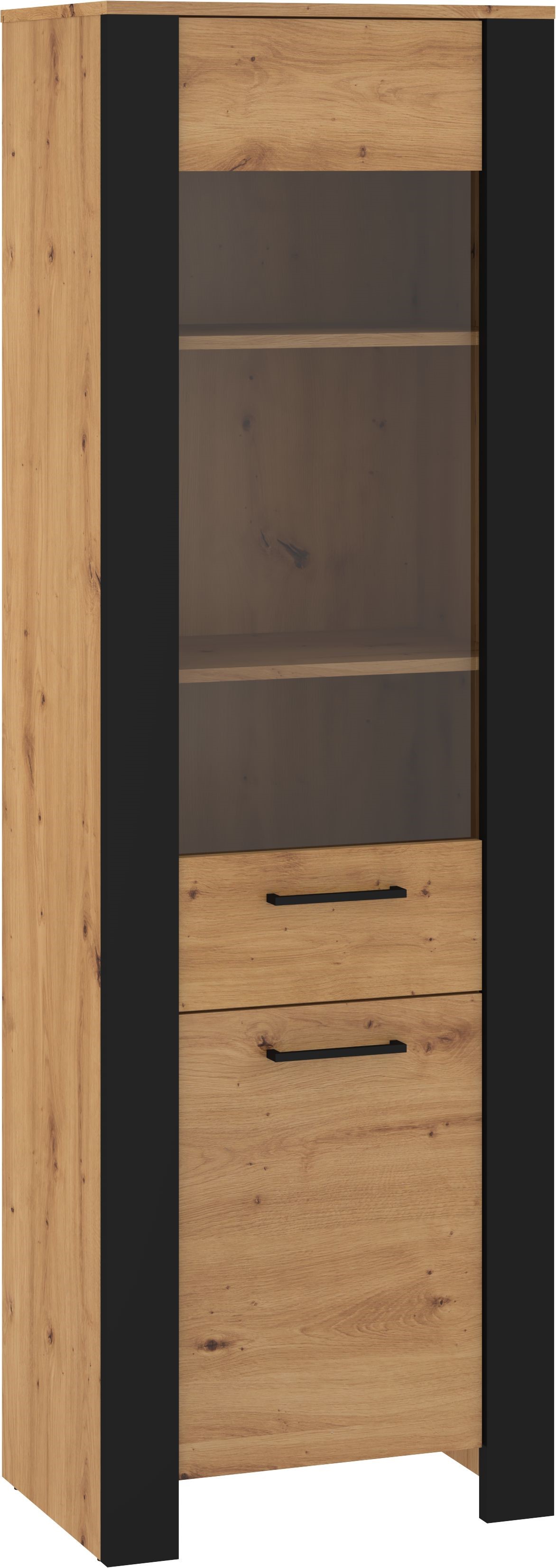 DELIS 15 baldai, aukšta, siaura vitrina svetainei, dirbtinio ąžuolo spalvos, juoda