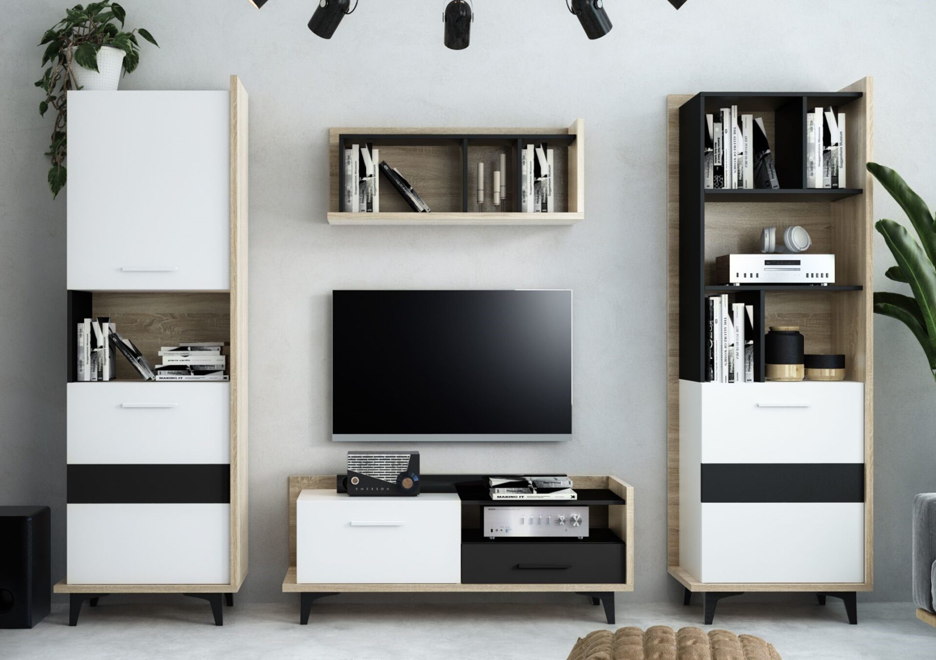 DOX baldai #2 kambario sieninė spintelė knygų lentyna TV spintelė lentyna Sonoma ąžuolas baltas