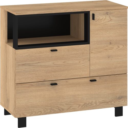 GAVES 01 baldų komoda su kojelėmis svetainei, kremonos ąžuolas, juoda