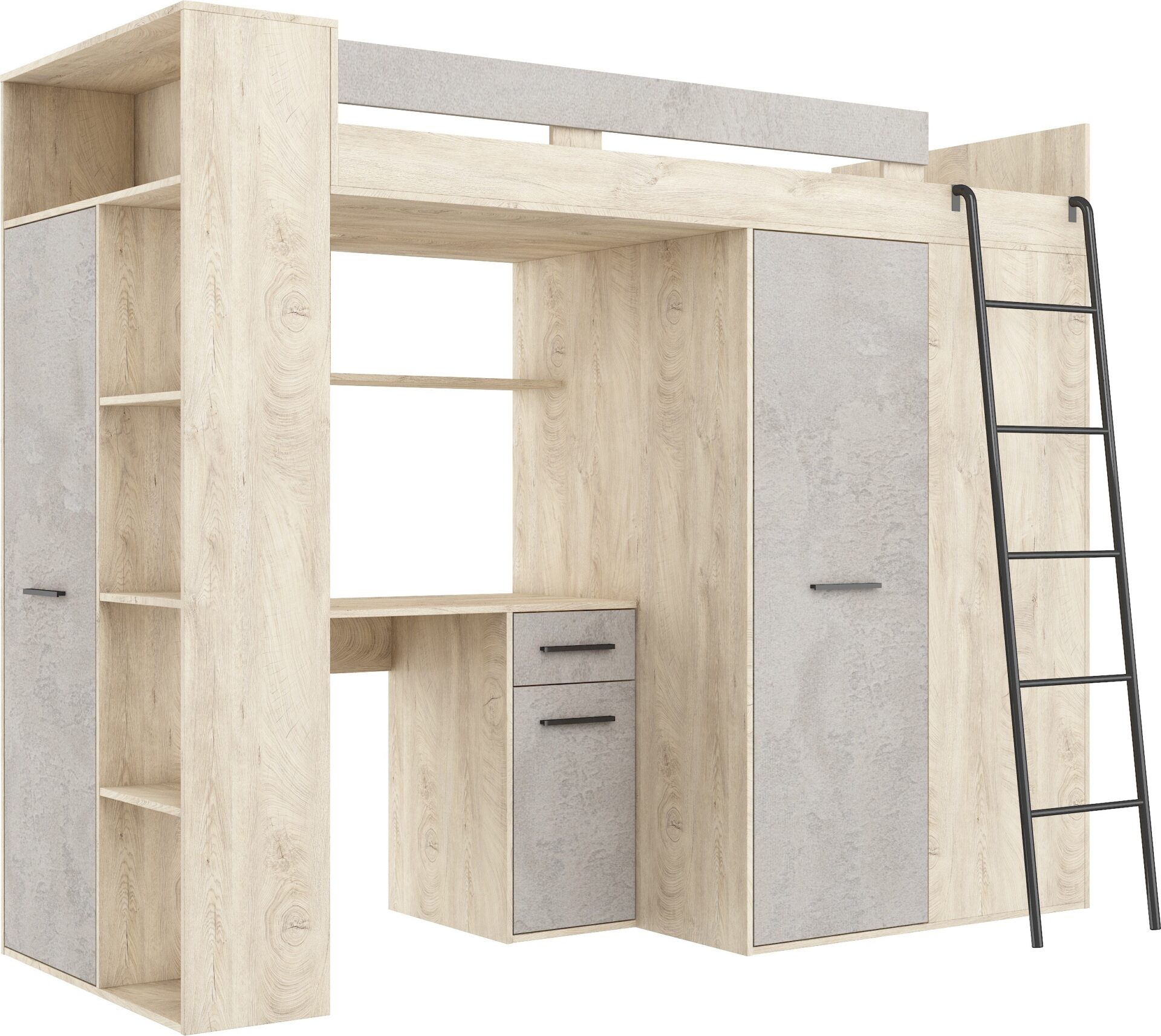 RAVENA P antresolė su stalu, spinta ir komoda, dažytas ąžuolas, betonas