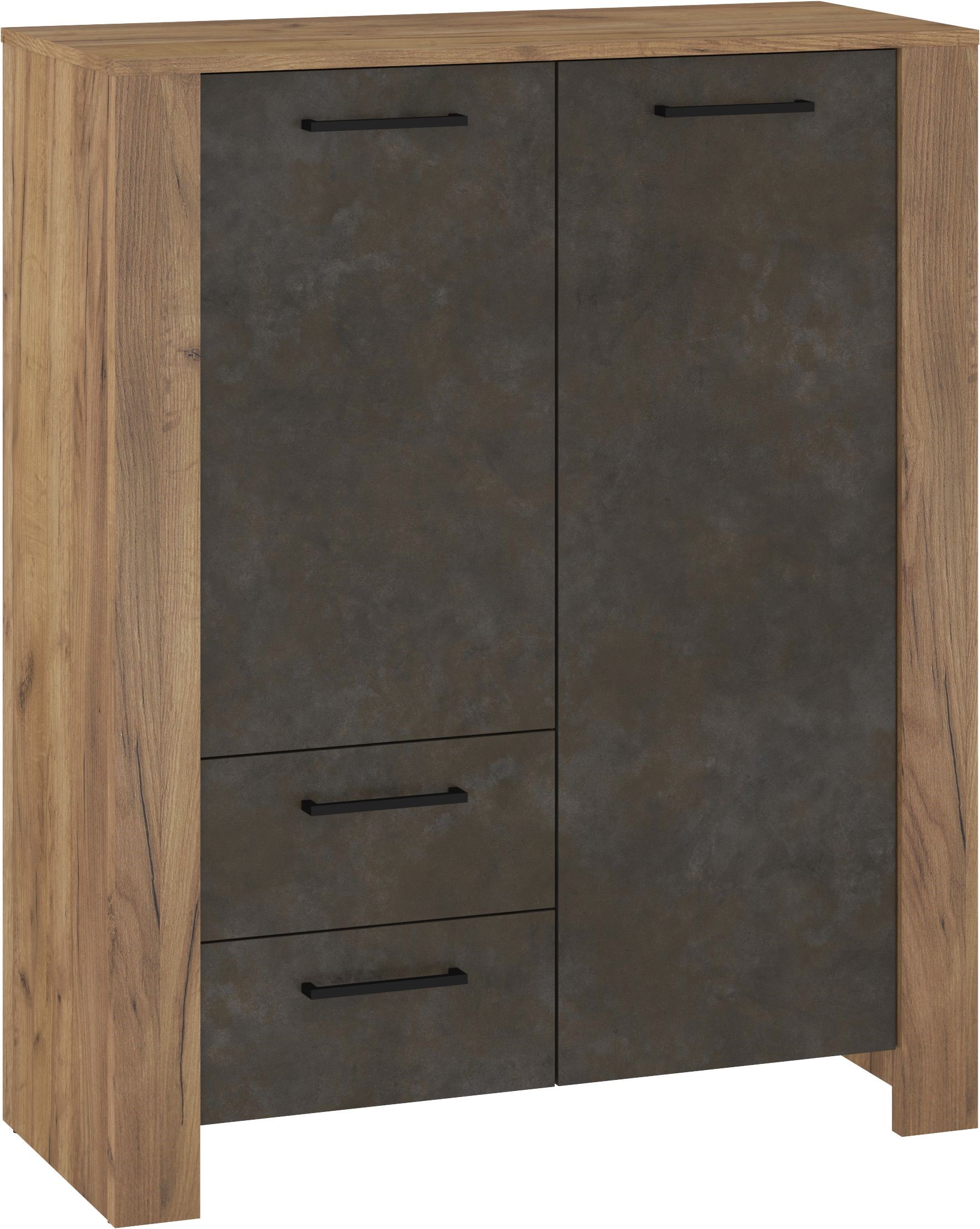 DELIS 08 baldų lentyna su durelėmis ir stalčiais svetainei, aukso, granados ir rudos spalvos