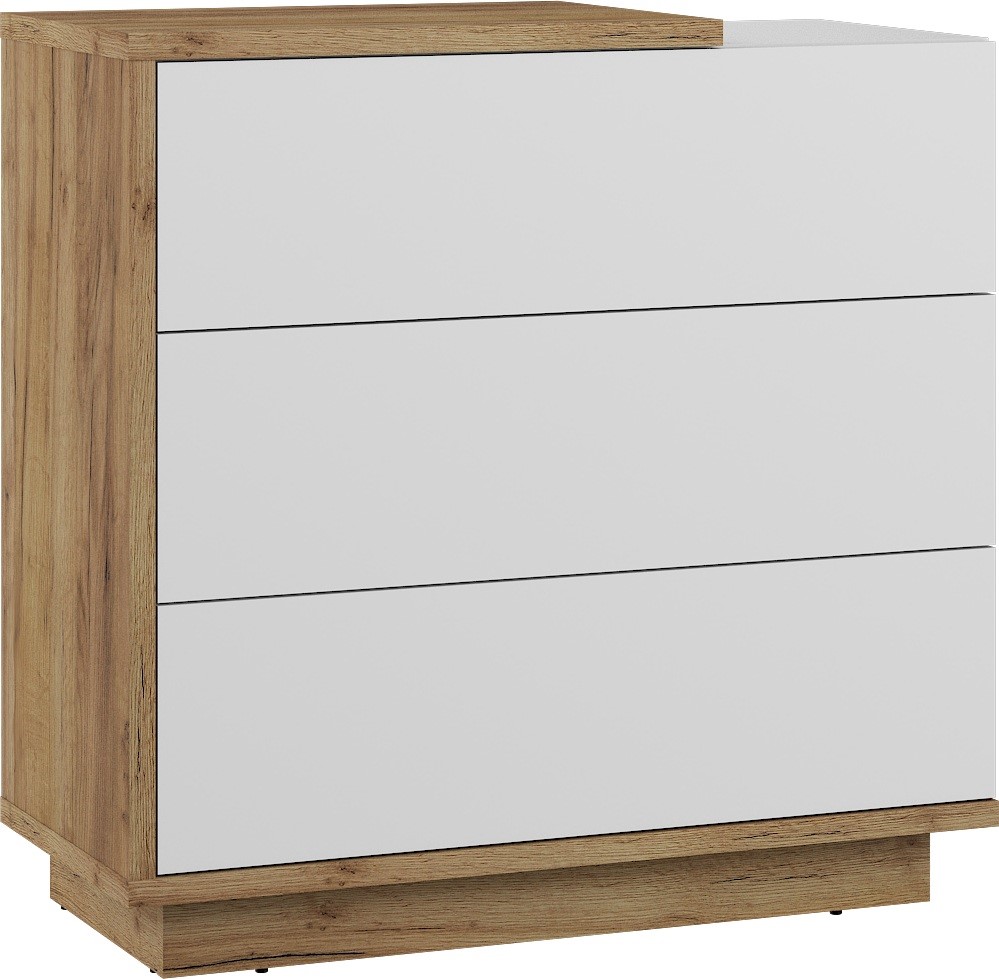 BRITA 09 baldų komoda svetainei, miegamajam, rankdarbių stiliaus, ąžuolo, aukso, baltos spalvos