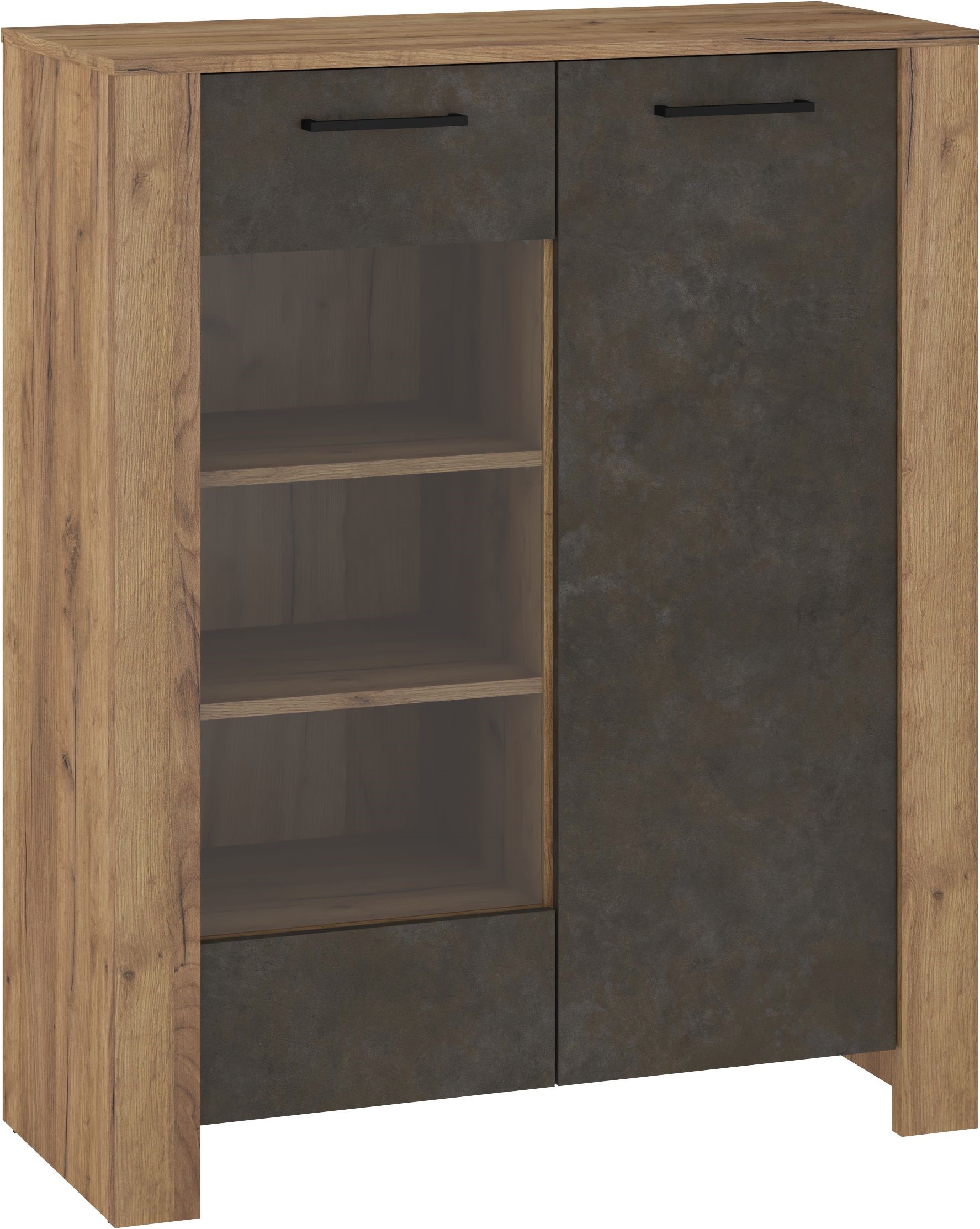 DELIS 14 žema vitrina svetainei, dirbtinio ąžuolo spalvos, auksinės granados rudos spalvos