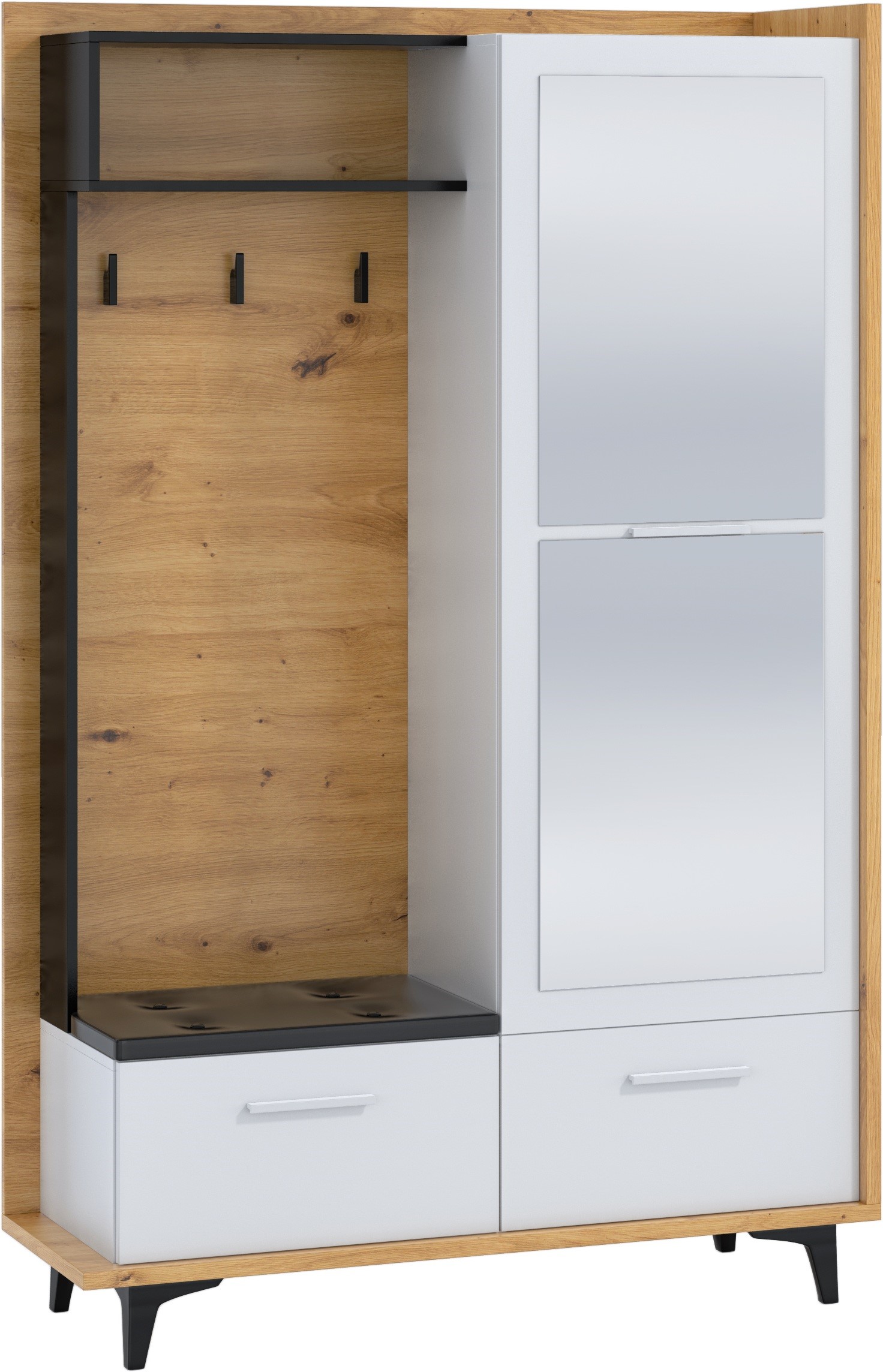 DOX 05 baldų prieškambario spinta su sėdynės veidrodžiu, „Artisan“, balta/juoda