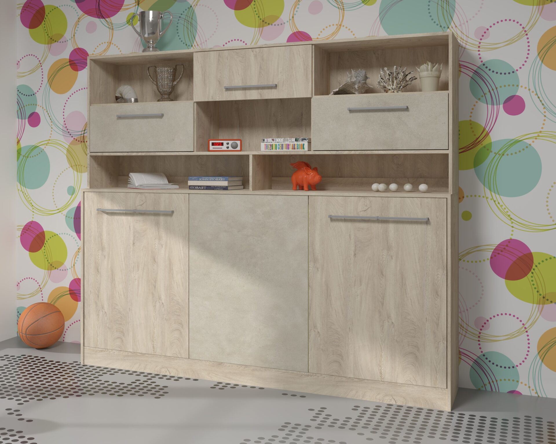 Sieninė lova, sulankstoma, paslėpta lova 90x200 ERGO + pagrindas, kraštų imitacija, migdolo pilka