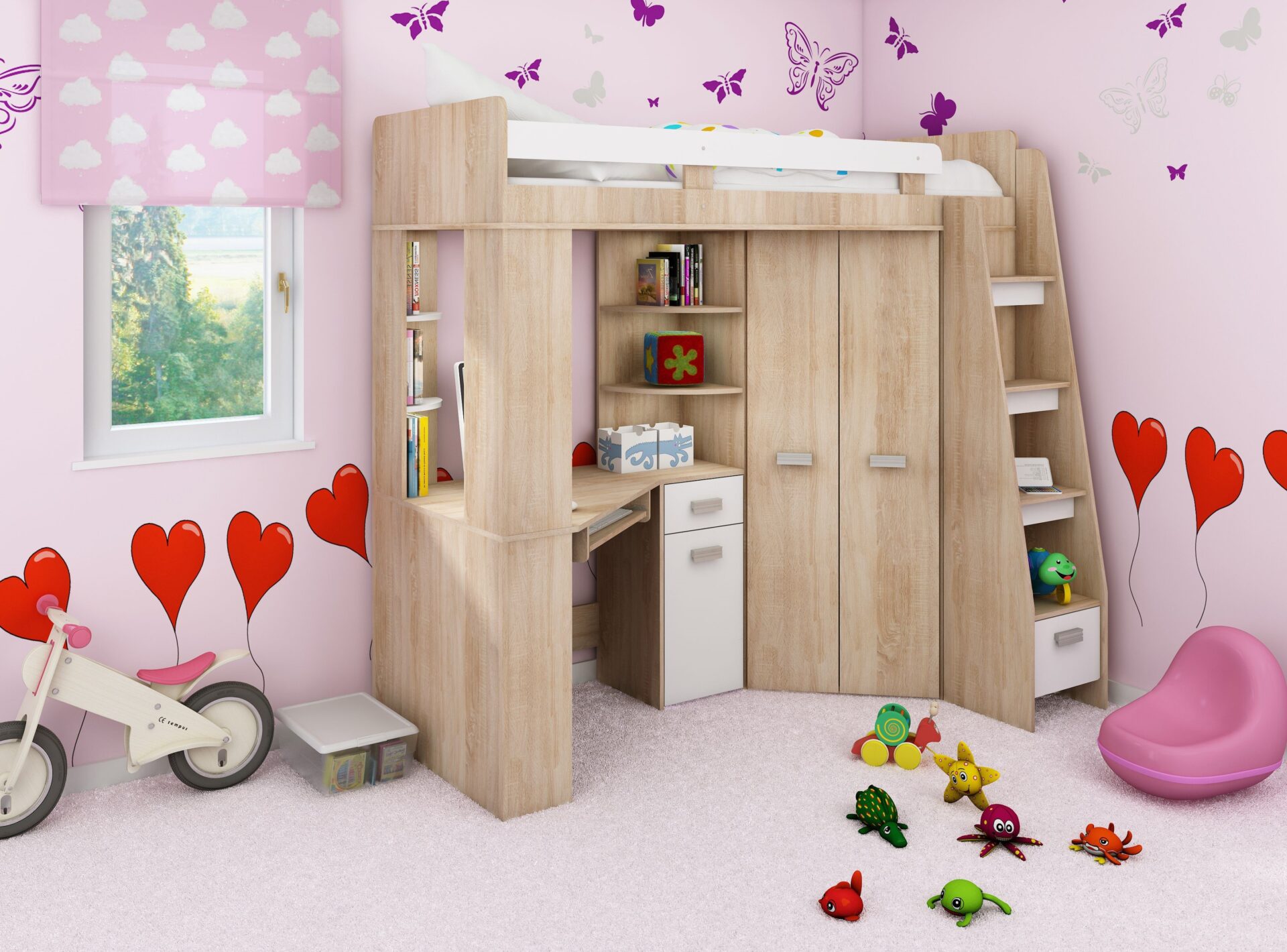 SOLA P dviaukštė lova su stalu, kampinė spinta, antresolė, Sonoma ąžuolas, balta