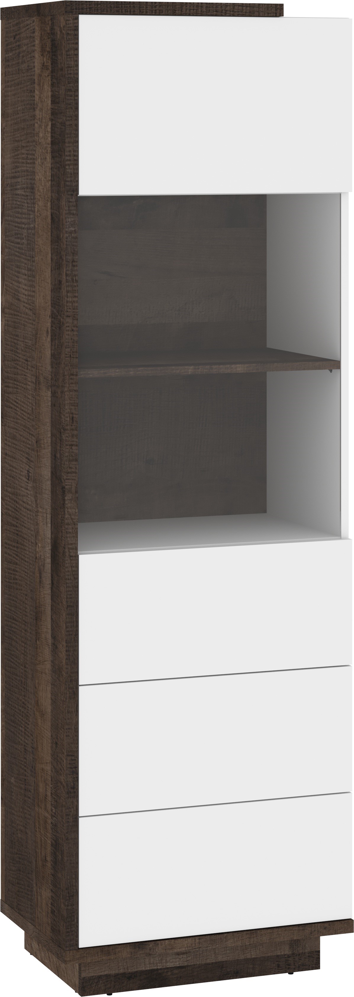 BRITA 27 baldai, aukšta vitrina svetainei, ąžuolas „Grange“, balta blizgi spalva