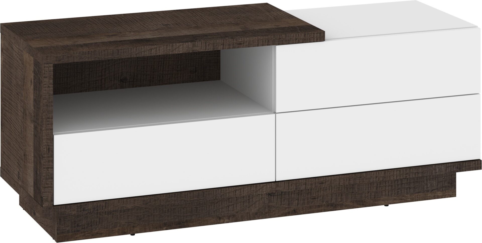 BRITA 20 baldų komoda, stalas, TV spintelė su stalčiumi, ąžuolo granito spalvos, balta blizgi spalva