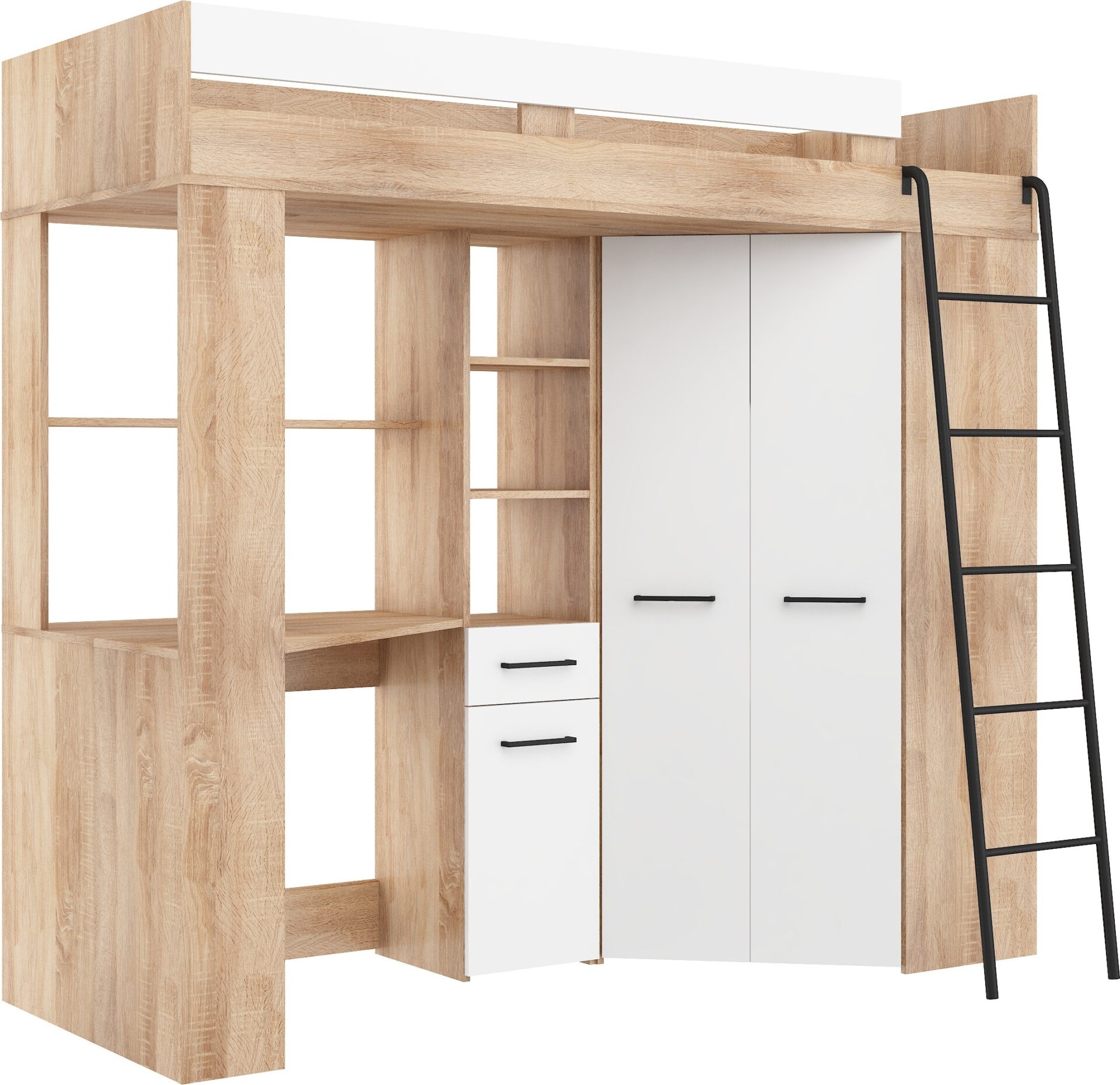 FLO P dviaukštė lova su stalu, kampinė spinta, antresolė, Sonoma ąžuolas, balta