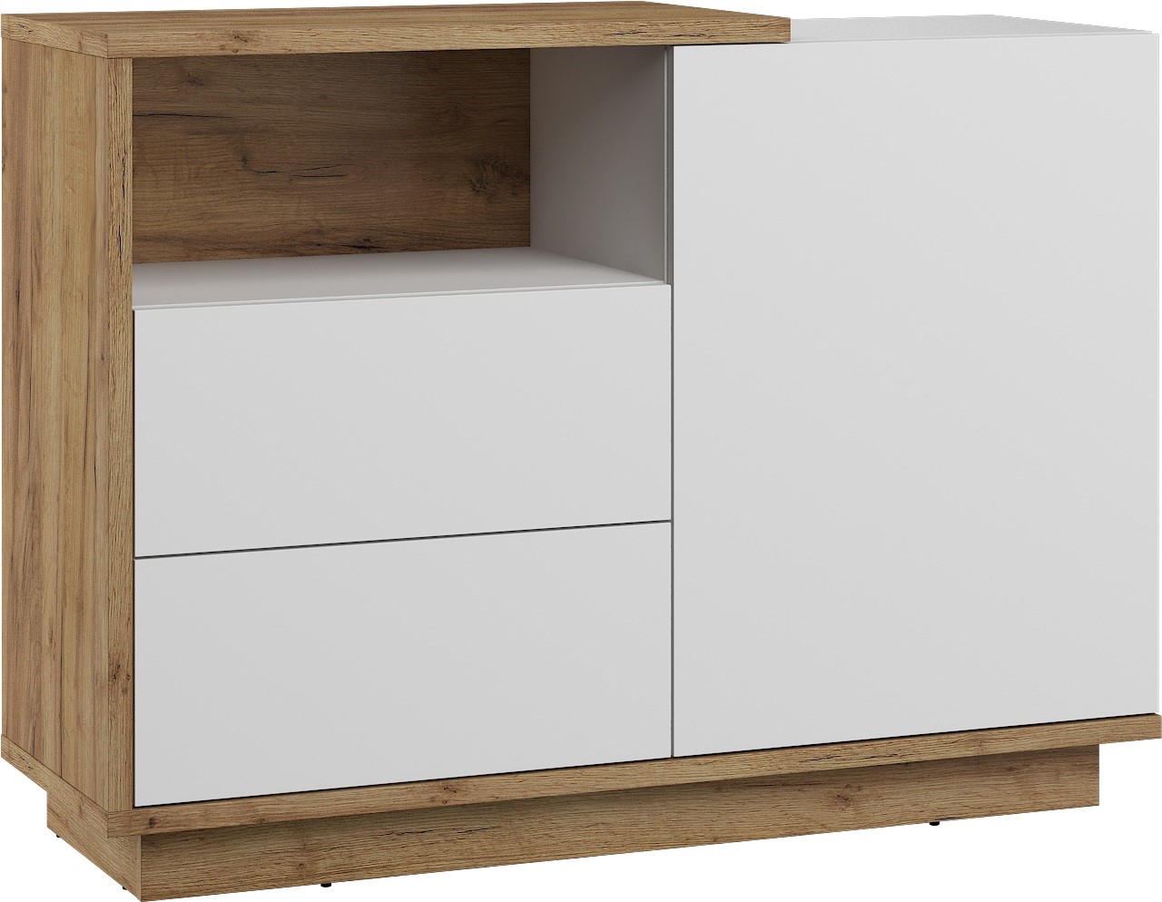 BRITA 03 baldų komoda su durelėmis ir lentyna, ąžuolo spalvos, auksinė, balta, poliruota