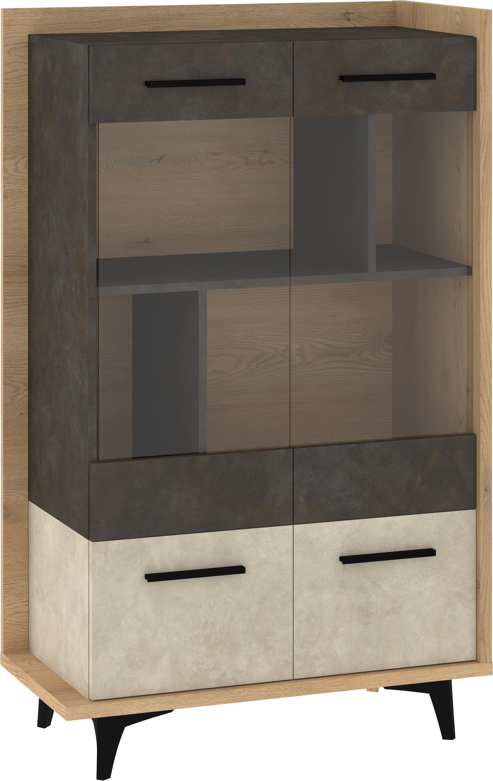 DOX 12 baldai, žema vitrina svetainei su durelėmis, ąžuolas „Cremona“, migdolas „Granada“