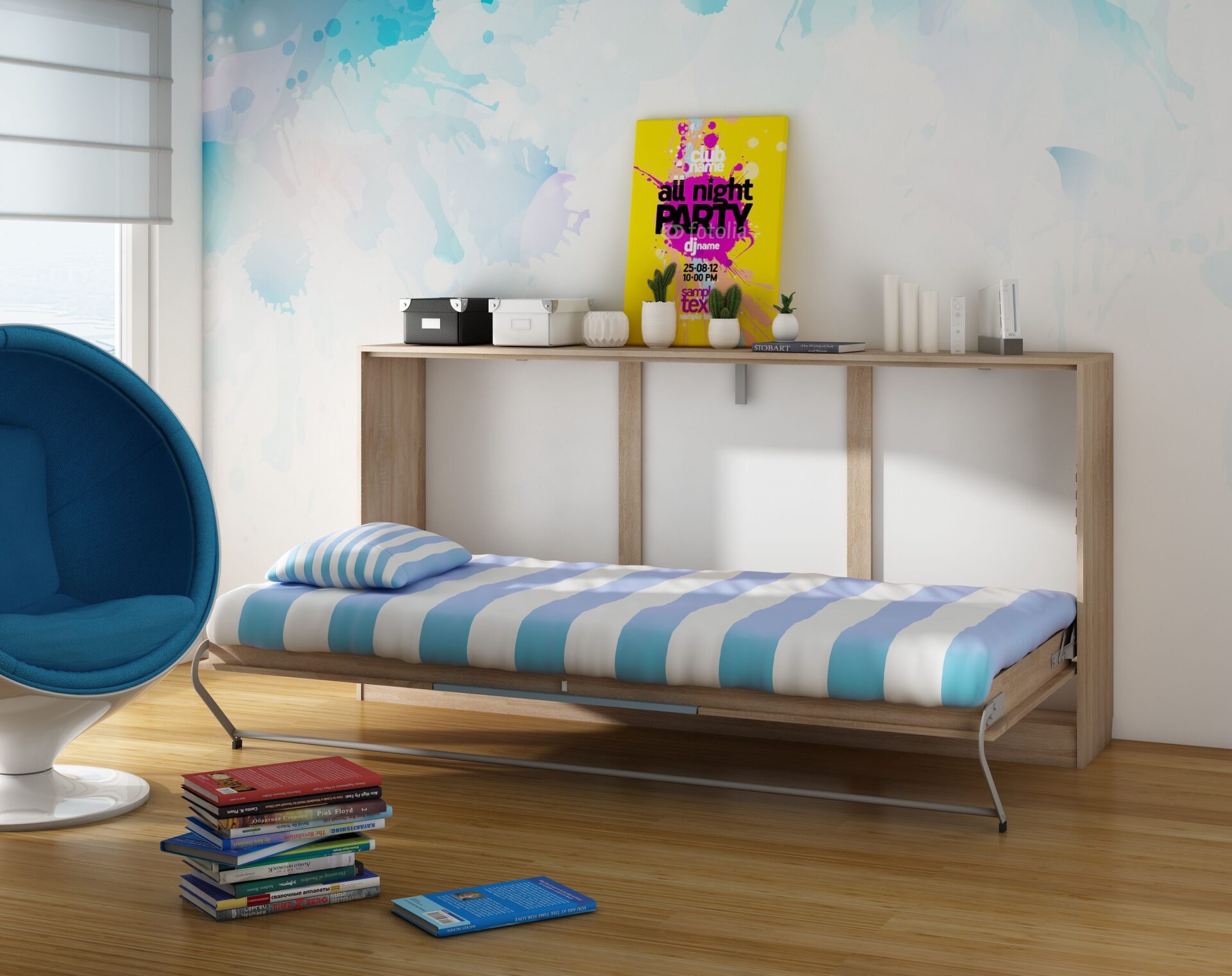 Sieninė lova, sulankstoma, paslėpta lova, 90x200, horizontali, ERGO, sonoma ąžuolas, mėlyna - Paveikslėlis 2
