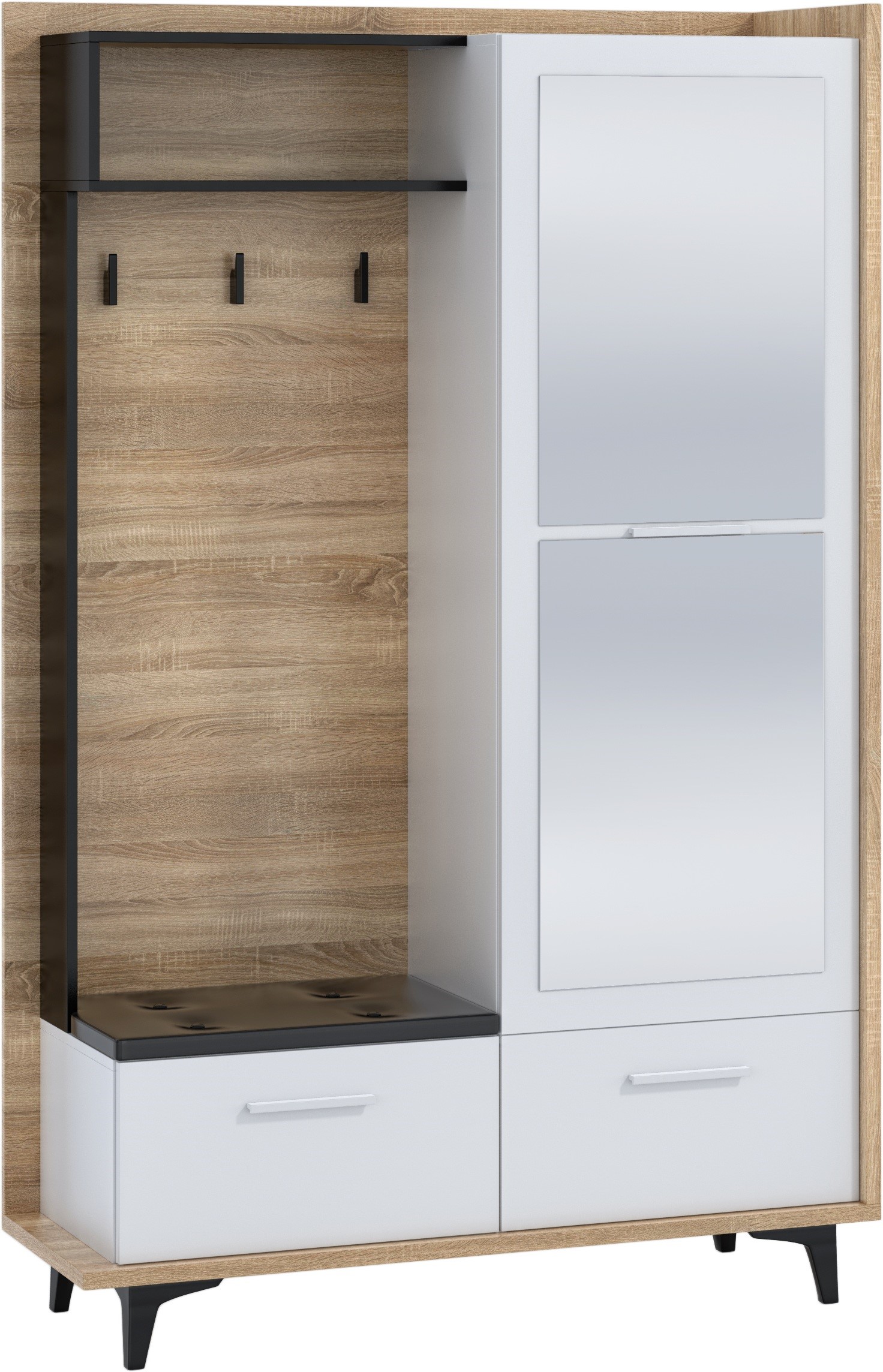 DOX 05 baldų prieškambario spinta su sėdyne ir veidrodžiu, Sonoma balta ir juoda