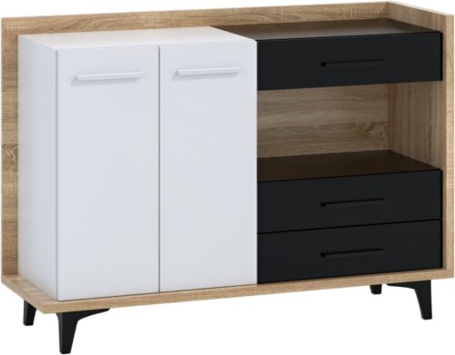 DOX 02 baldai, didelė komoda svetainei, sonoma, balta, juoda