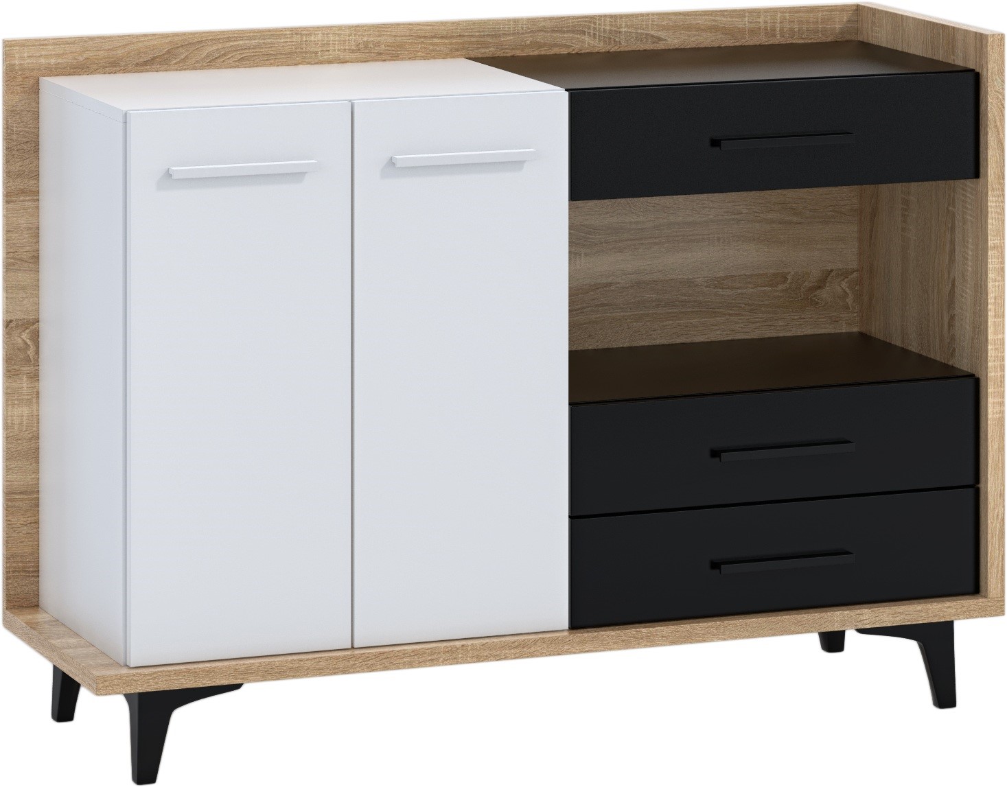 DOX 02 baldai, didelė komoda svetainei, sonoma, balta, juoda